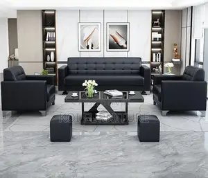 Office Sofa : 5-Seater Black Tufted Leather Executive Sofa Set