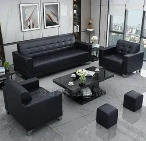 Office Sofa : 5-Seater Black Tufted Leather Executive Sofa Set