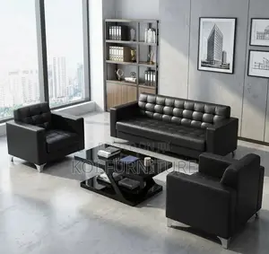Office Sofa : 5-Seater Black Tufted Leather Executive Sofa Set