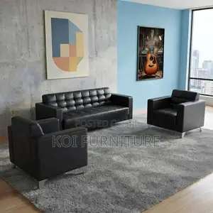 Office Sofa : 5-Seater Black Tufted Leather Executive Sofa Set