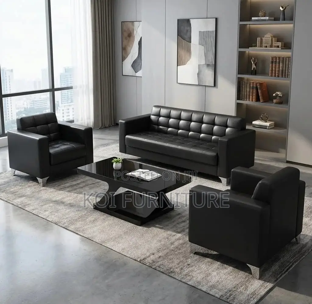 Office Sofa : 5-Seater Black Tufted Leather Executive Sofa Set