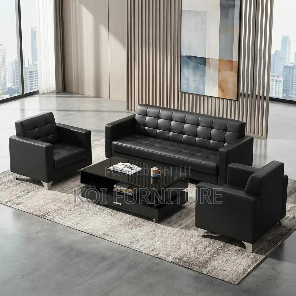 Office Sofa : 5-Seater Black Tufted Leather Executive Sofa Set