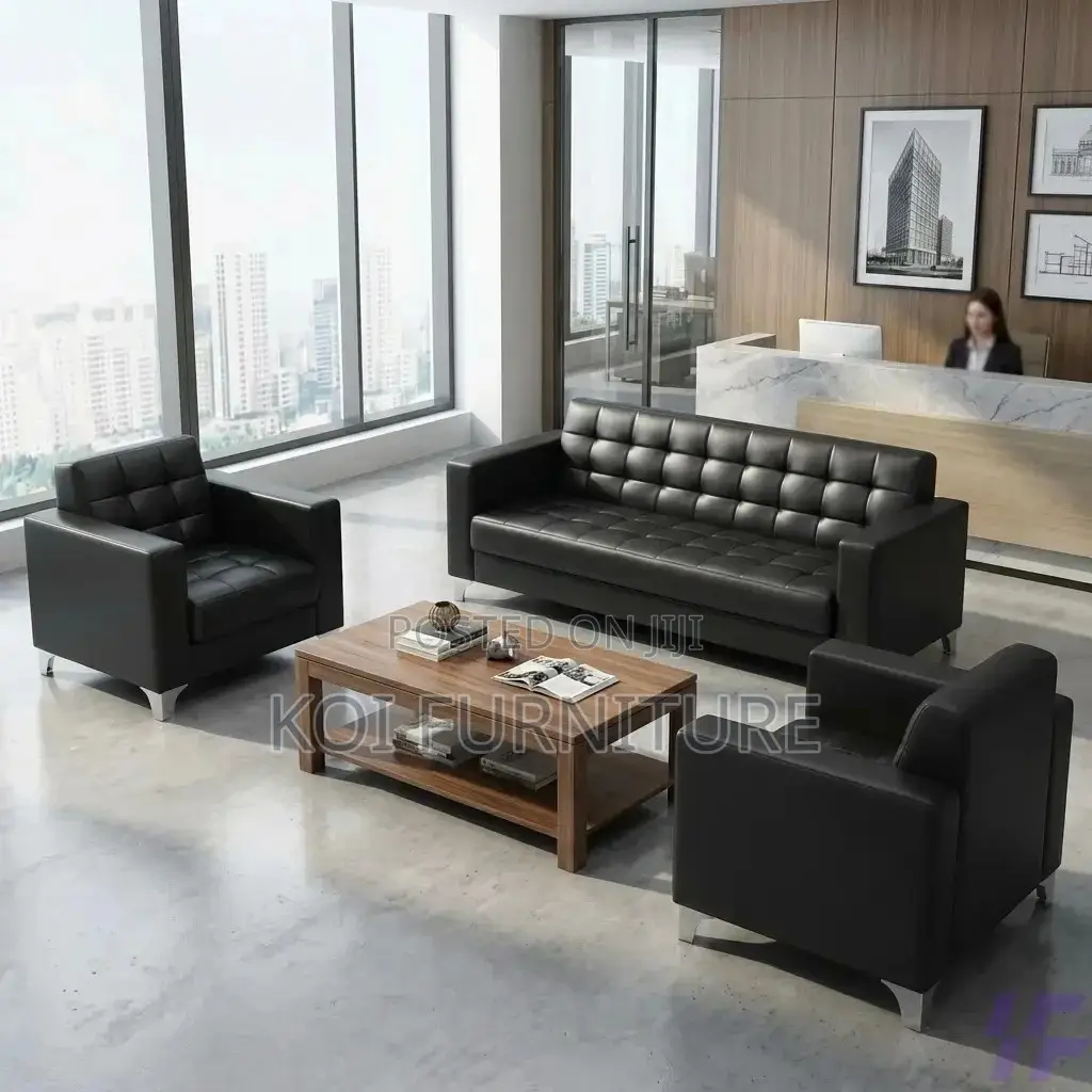Office Sofa : 5-Seater Black Tufted Leather Executive Sofa Set