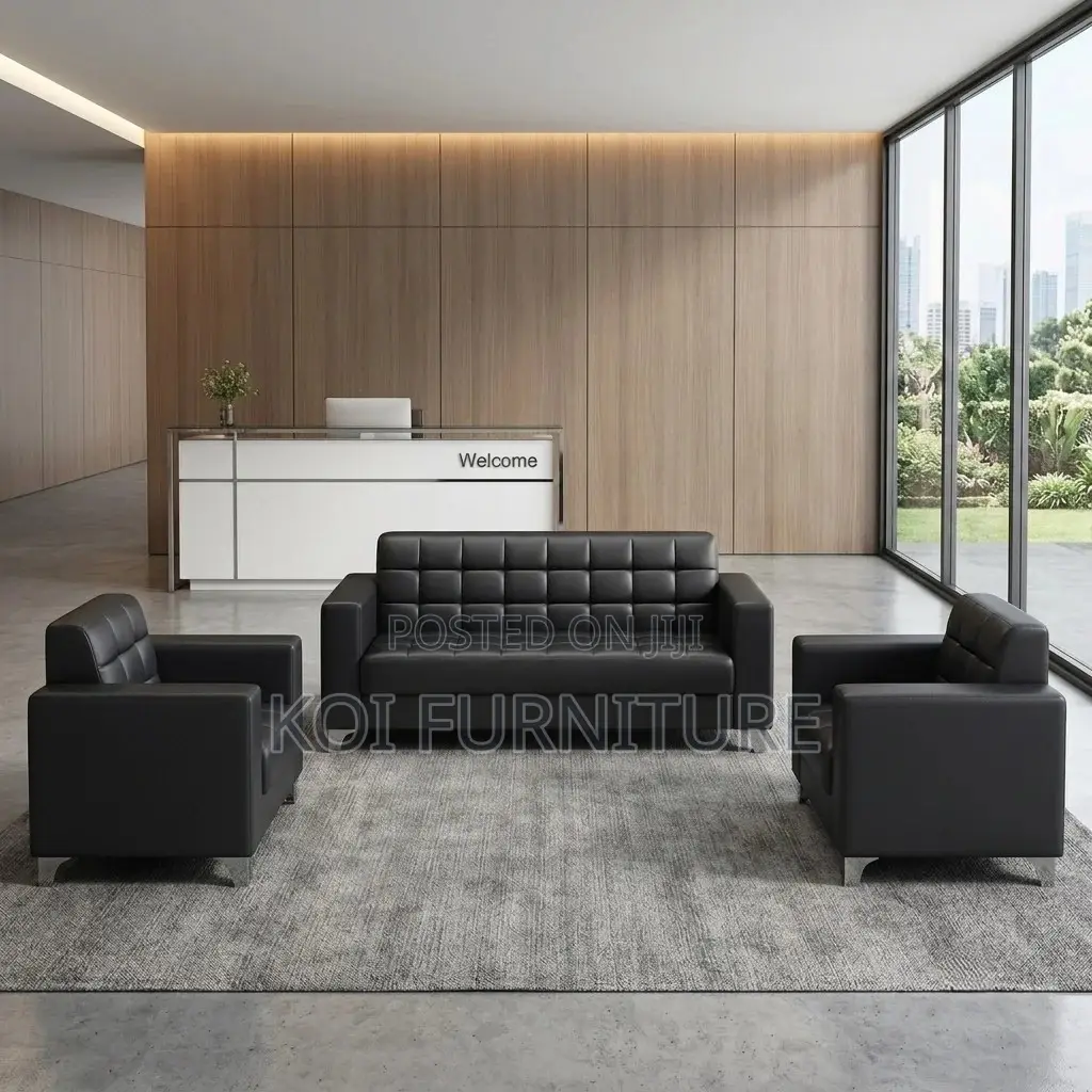 Office Sofa : 5-Seater Black Tufted Leather Executive Sofa Set