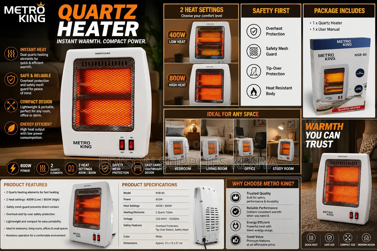 Quartz Room Heater 800W Halogen Electric Heater 800Watts