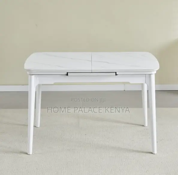 Dining Table: Extendable Ceramic White Top Table With White Solid Legs