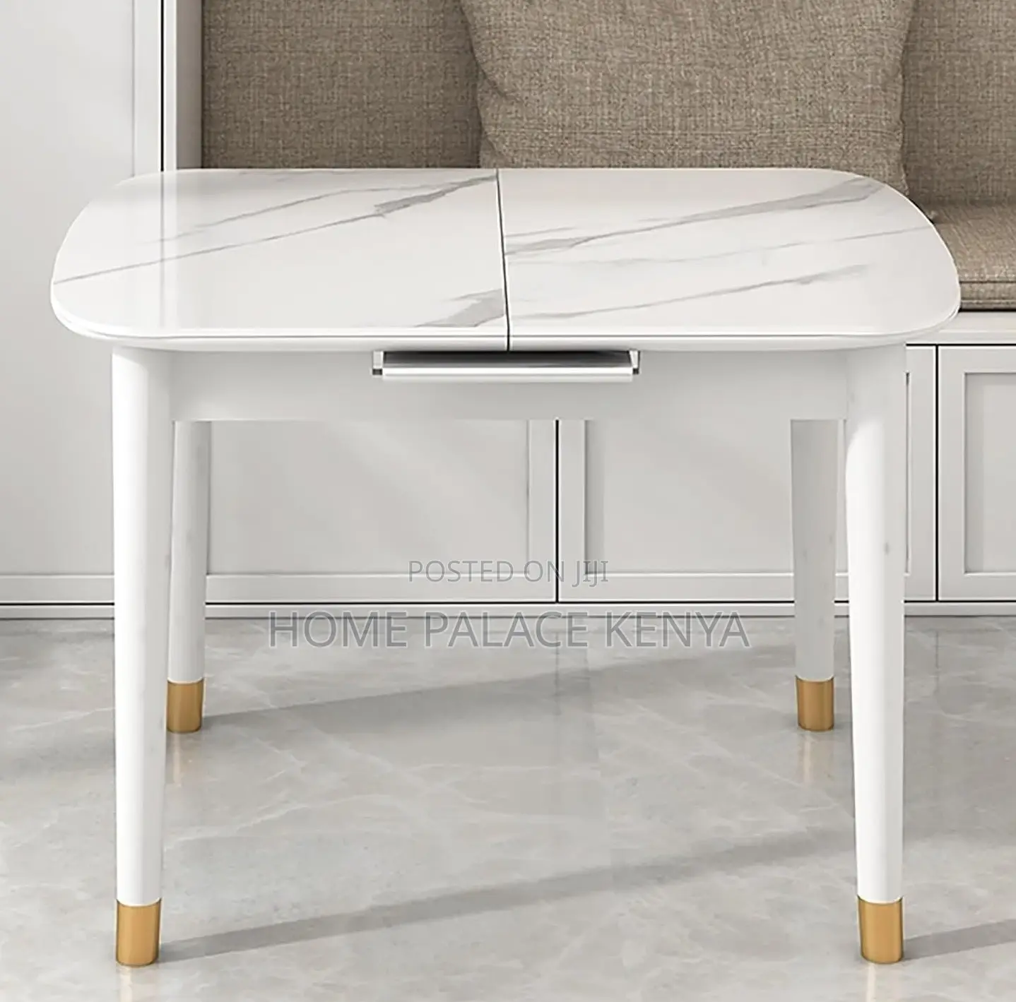 Dining Table: Extendable Ceramic White Top Table With White Solid Legs