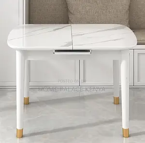 Dining Table: Extendable Ceramic White Top Table With White Solid Legs