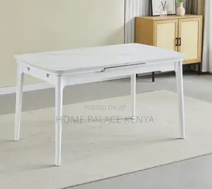 Dining Table: Extendable Ceramic White Top Table With White Solid Legs