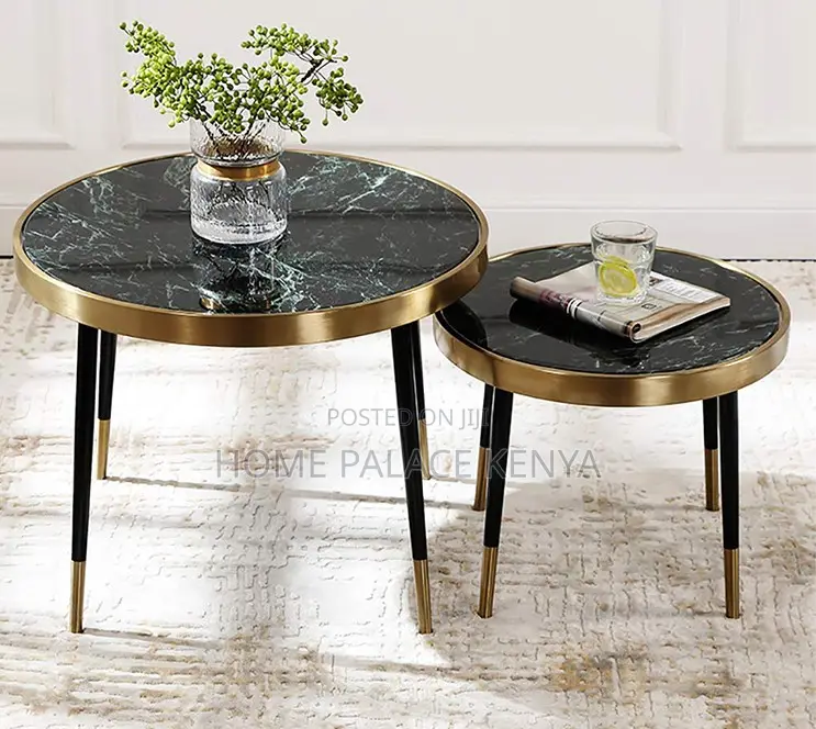 Nesting Table: Marble Patterned Table With Gold and Black Accent Rims