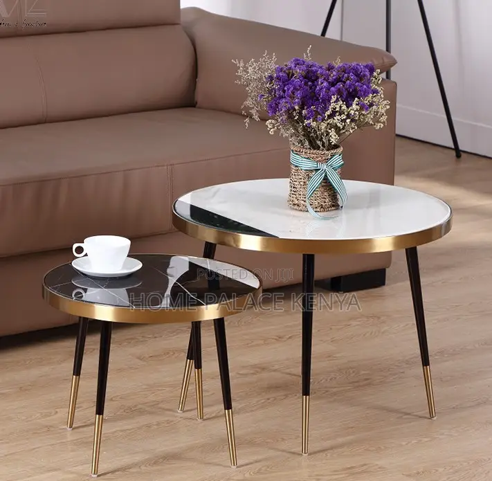 Nesting Table: Marble Patterned Table With Gold and Black Accent Rims
