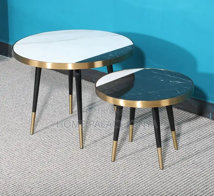 Nesting Table: Marble Patterned Table With Gold and Black Accent Rims