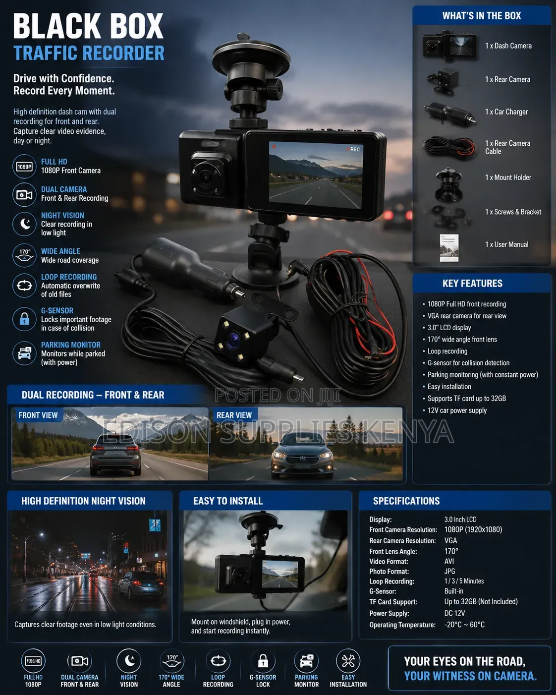 Black Car Dash Cam Black Box Traffic Recorder Front/Rear Dash Camera