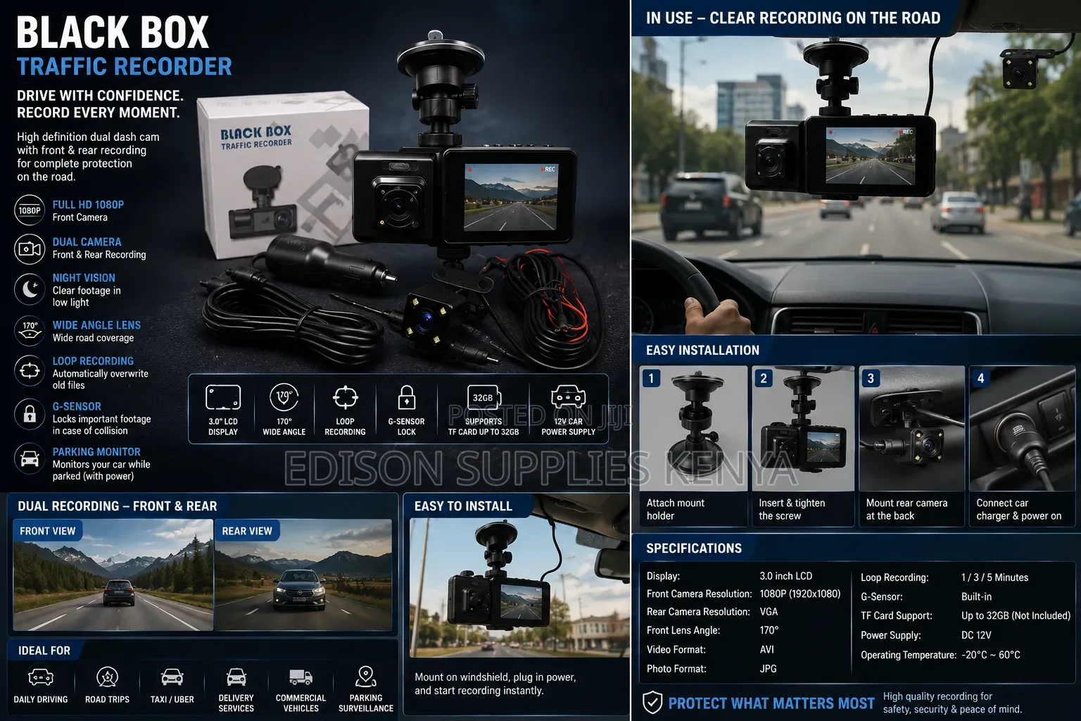 Black Car Dash Cam Black Box Traffic Recorder Front/Rear Dash Camera
