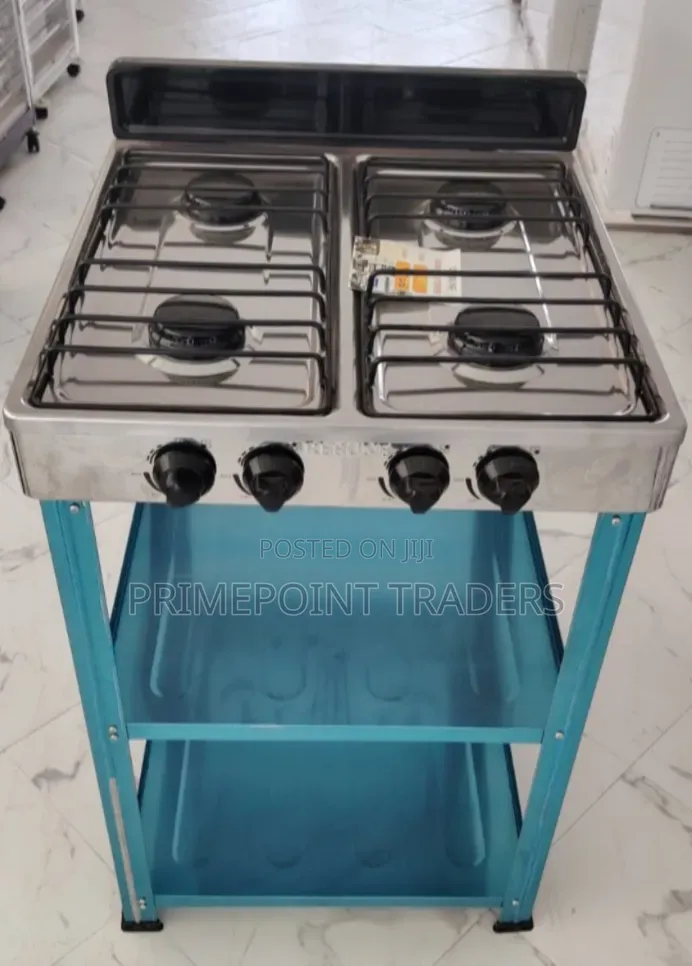 Rebune 4-Burner Standing Gas Cooker With Shelves – Strong, Practical