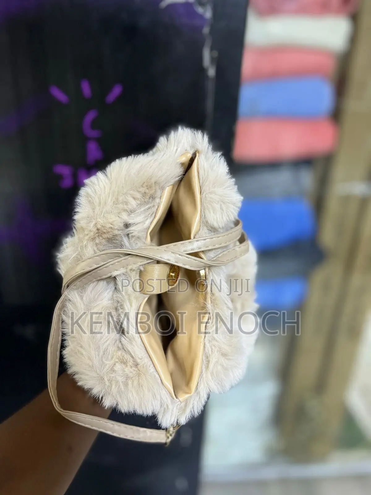 Faux Fur Mini Tote Bag - Beige / Khaki Teddy Crossbody Bag