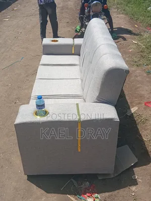Grey Tufted Sofa Set With Cup Holders