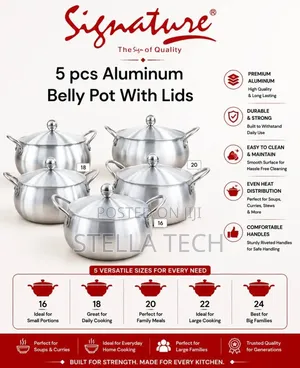 5pcs Aluminum Belly Pots With Lids (16,18,20,22,24)