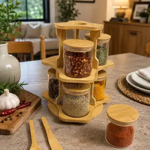 6Pcs Bamboo Spice Rack Set With a Rotating Stand