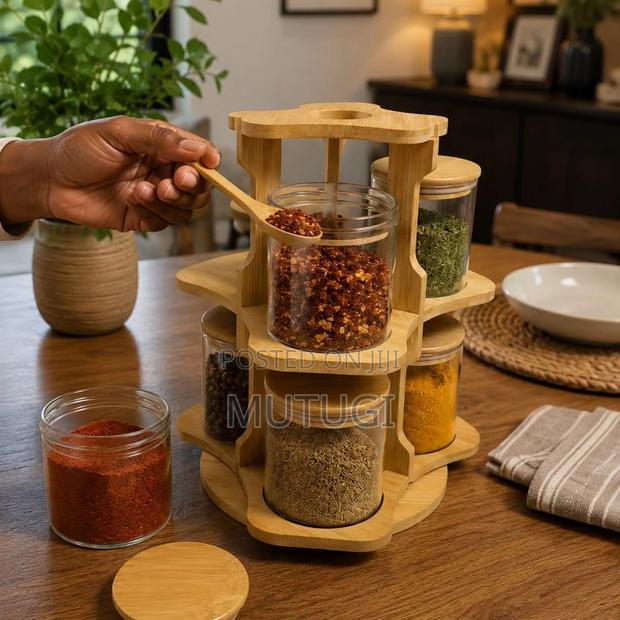 6Pcs Bamboo Spice Rack Set With a Rotating Stand - thumbnail 2