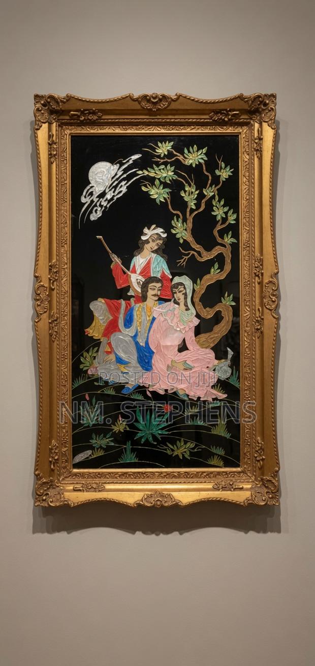 Vintage Persian Reverse-Glass Painting – Ornate Baroque Gilt Frame
