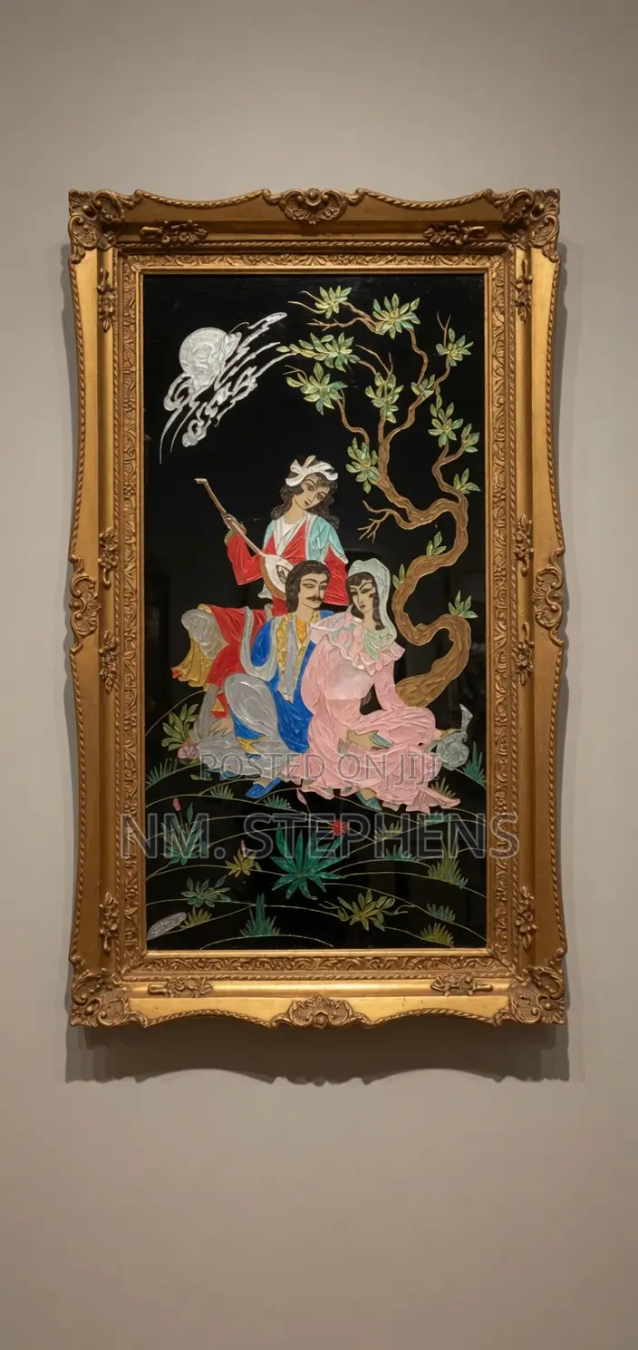 Vintage Persian Reverse-Glass Painting – Ornate Baroque Gilt Frame