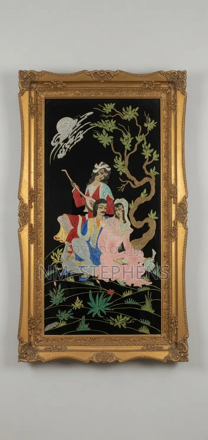 Vintage Persian Reverse-Glass Painting – Ornate Baroque Gilt Frame