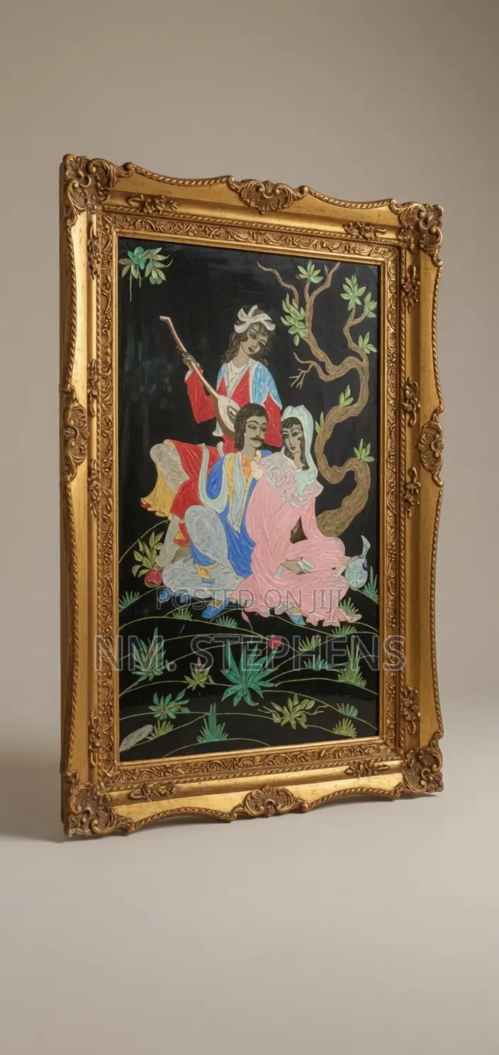 Vintage Persian Reverse-Glass Painting – Ornate Baroque Gilt Frame