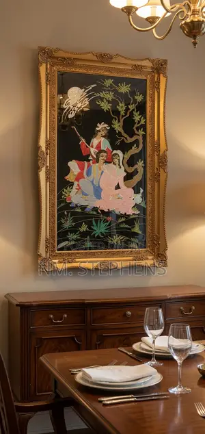Vintage Persian Reverse-Glass Painting – Ornate Baroque Gilt Frame