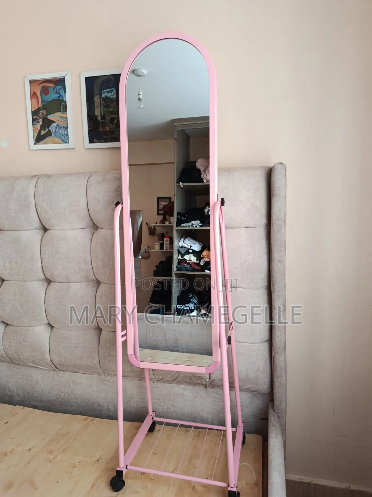 Pink Oval Cheval Mirror With Wheels