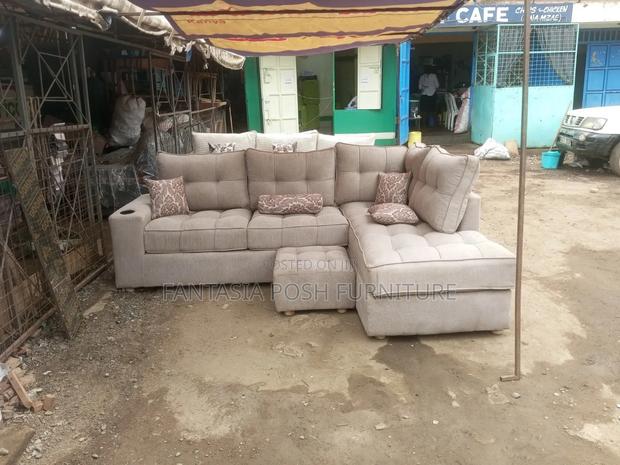 Beige L-Shaped Sofa + Ottoman (5-Seater) - thumbnail 2