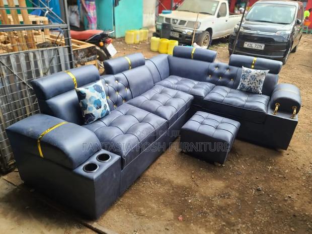 Navy Blue L-Shaped Sofa 7-Seater - thumbnail 2