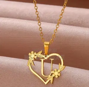 Gold Stainless Steel Floral Heart Initial Necklace
