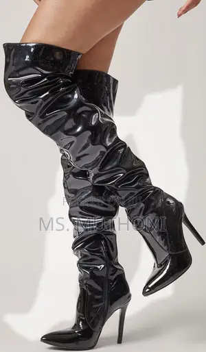 Glam Black Patent Leather Ruched Over-the-Knee Boots