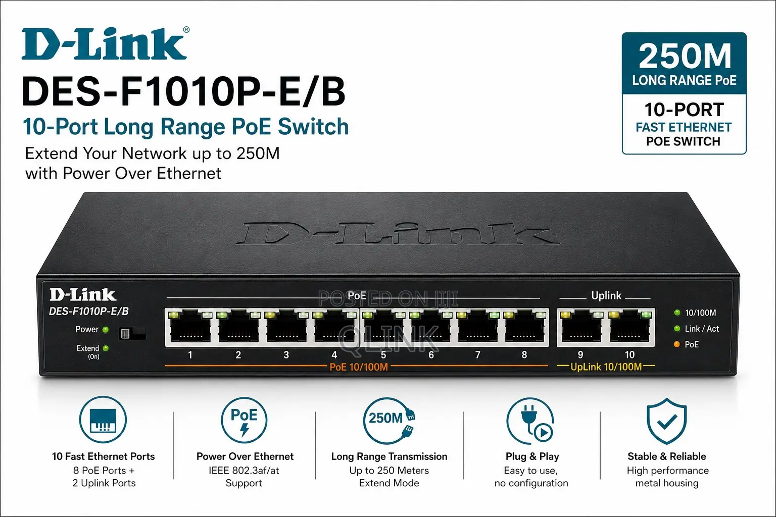 D-Link DES-F1010P-E/B 10-Port Long Range PoE Switch
