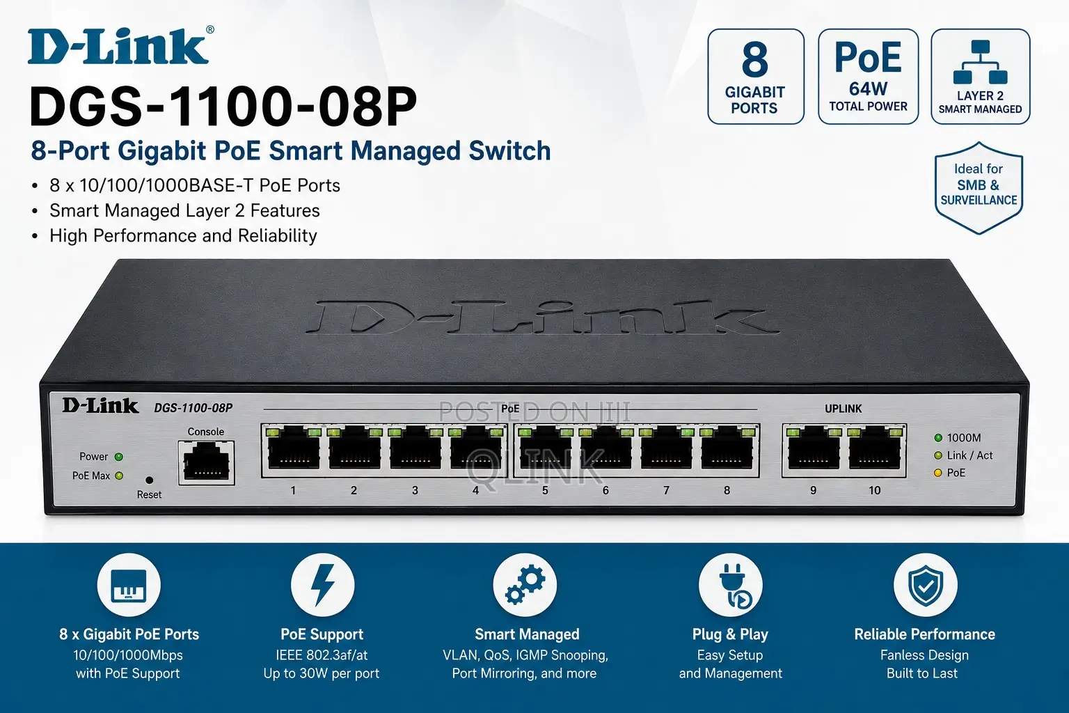 D-Link 8-Port Gigabit PoE Smart Managed Switch - DGS-1100-08P