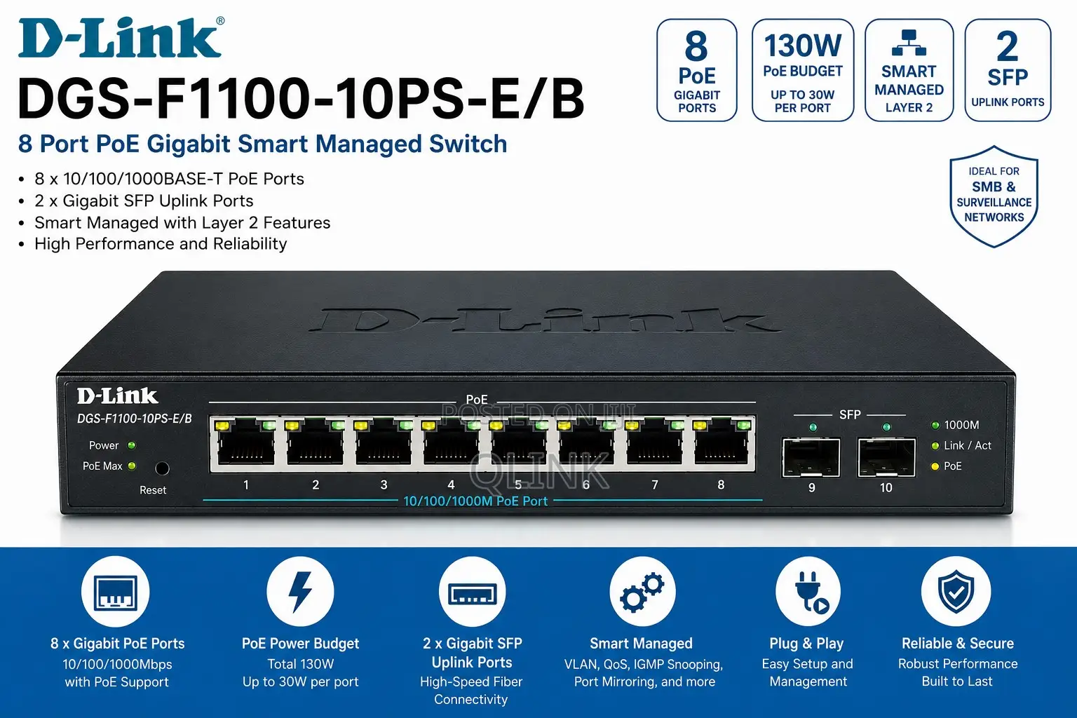 D-Link 8 Port PoE Gigabit Smart Managed Switch – DGS-F1100-10PS-E/B