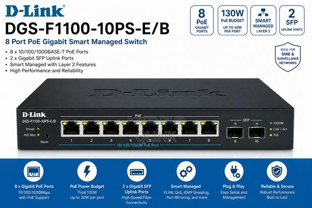 D-Link 8 Port PoE Gigabit Smart Managed Switch – DGS-F1100-10PS-E/B