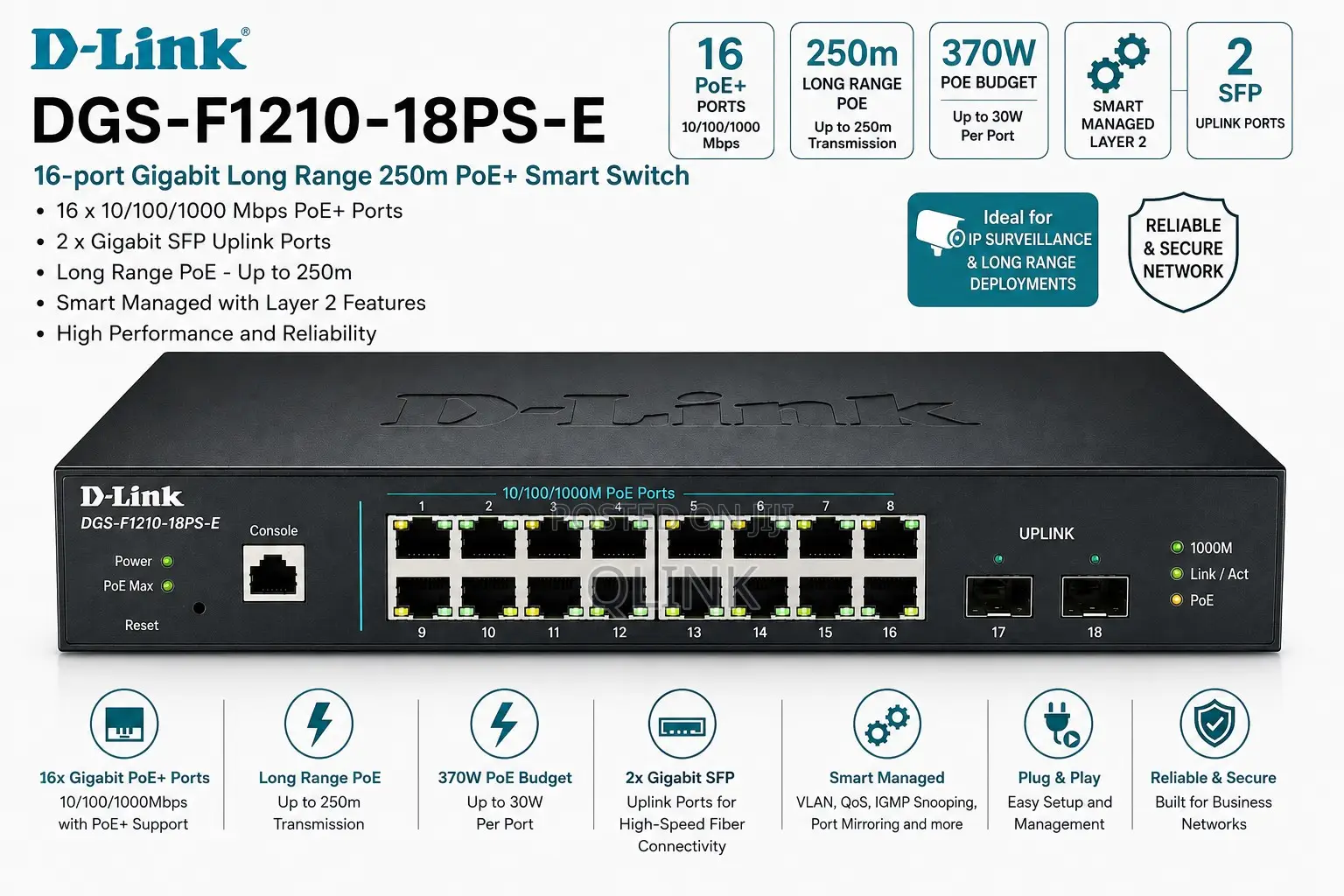D-Link DGS-F1210-18PS-E 16-Port Gigabit PoE+ Smart Switch