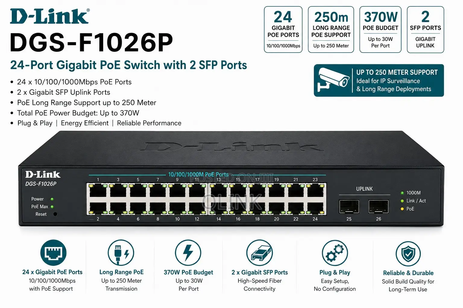 D-Link Upto 250 Meter Support 24-Port 1000Mbps PoE Switch