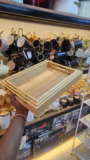 *Bamboo Serving Tray Set With Gold Handles_ele
