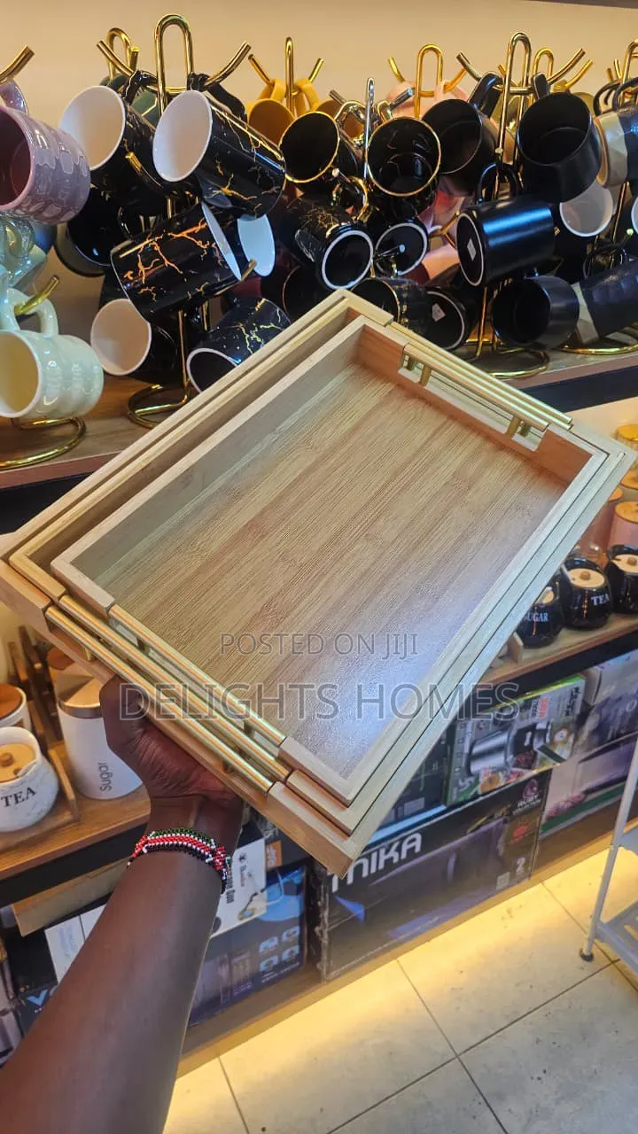 *Bamboo Serving Tray Set With Gold Handles_ele