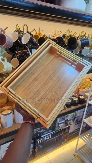 *Bamboo Serving Tray Set With Gold Handles_ele