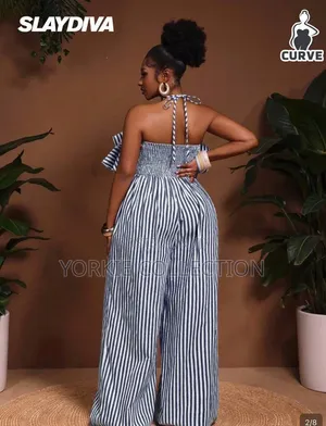 Striped Layered-Ruffle Halter Palazzo Jumpsuit