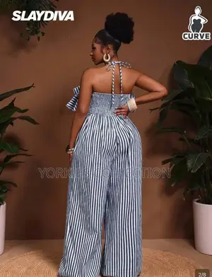Striped Layered-Ruffle Halter Palazzo Jumpsuit