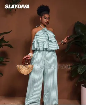 Striped Layered-Ruffle Halter Palazzo Jumpsuit