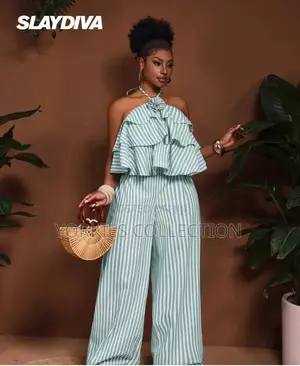 Striped Layered-Ruffle Halter Palazzo Jumpsuit