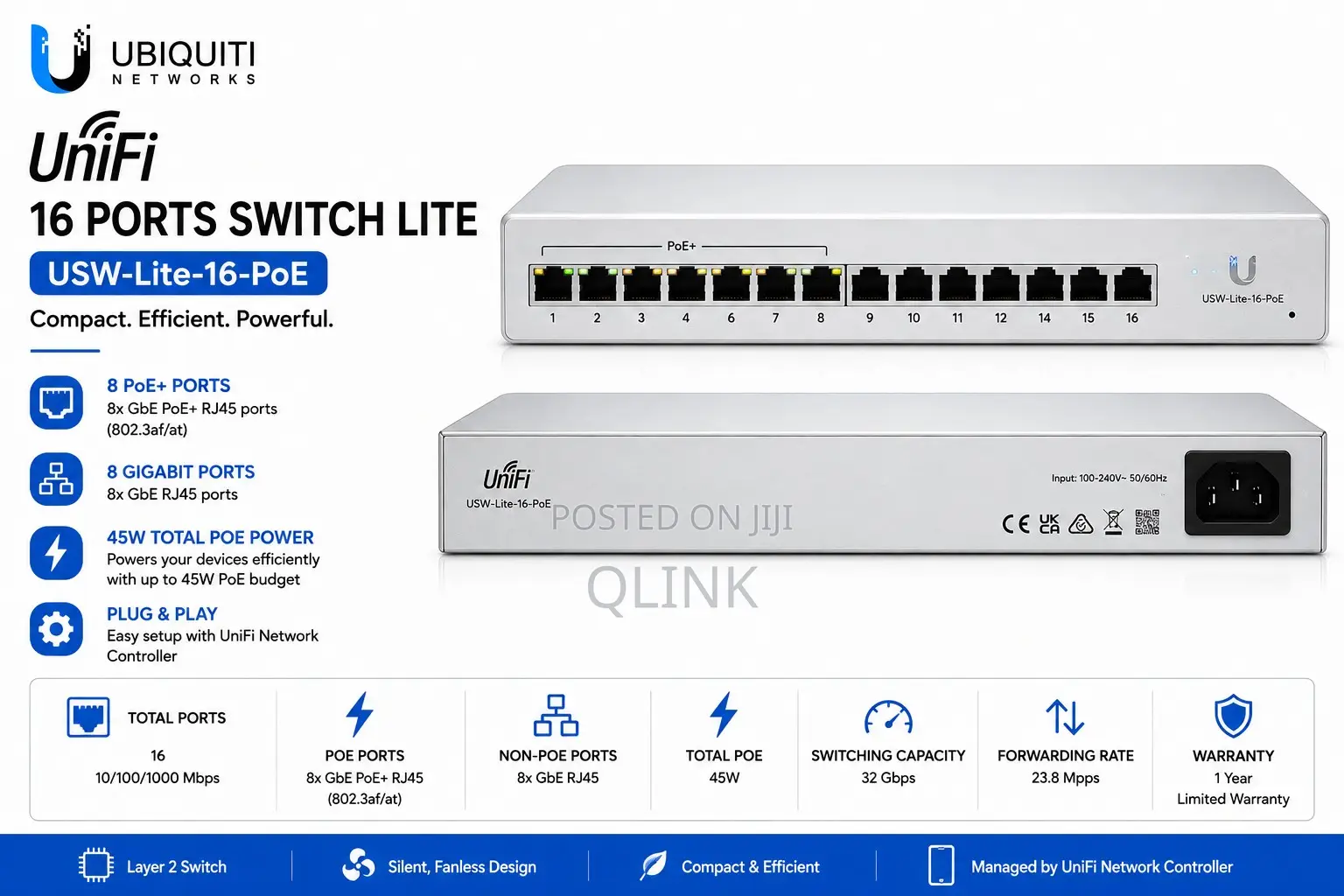 Ubiquiti 16 Ports Switch Lite USW-Lite-16-Poe, (8) GbE PoE+