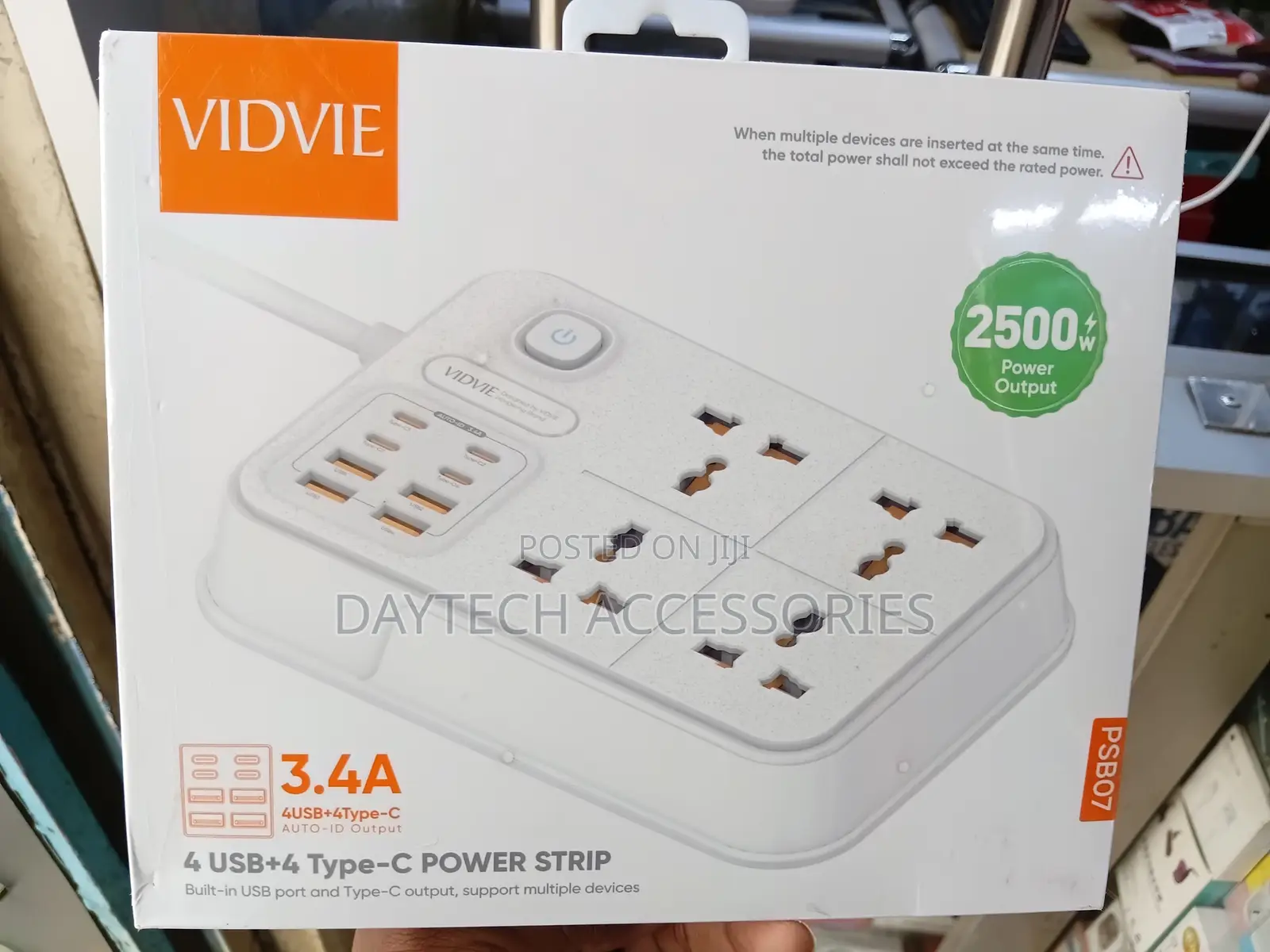 VIDVIE PSB07 Power Strip With Four AC Outlets and Eight USB Ports.