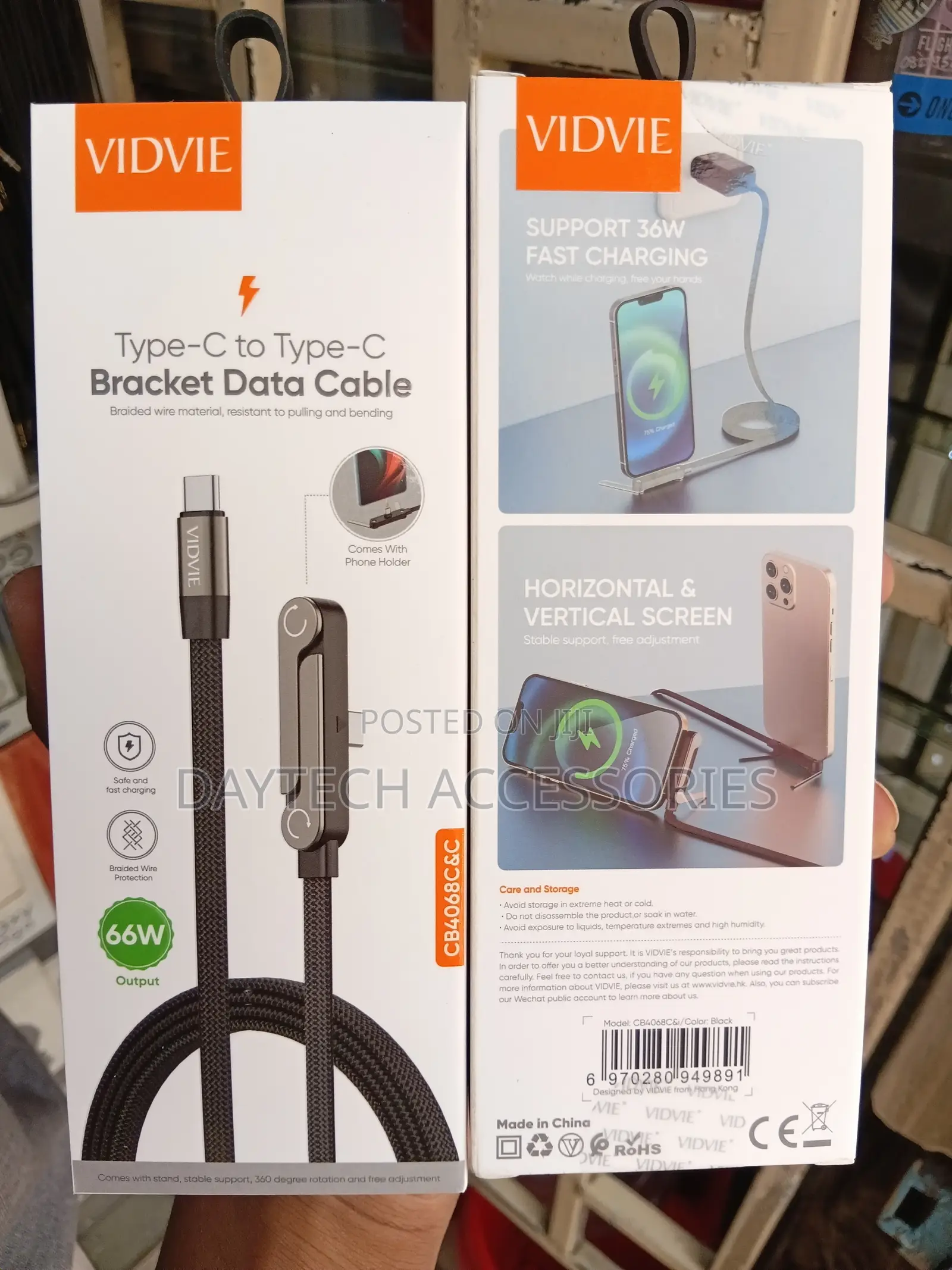 The VIDVIE CB4068C C 66W Type-C to Type-C Charging Cable Phone Stand